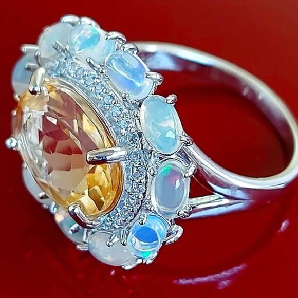 Natural Citrine 14x10mm, Fire Opal & Cz 925 Sterling Silver‎ Ring 8.75 - Picture 2 of 8